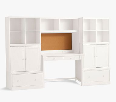 Cameron Desk + Tech Hutch + 2 Cubbies + 2 Cabinets + 2 Drawer Bases, Simply White, Parcel