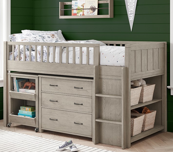 Low Loft Bed With Storage Camp Storage Low Loft Bed Pottery Barn Kids