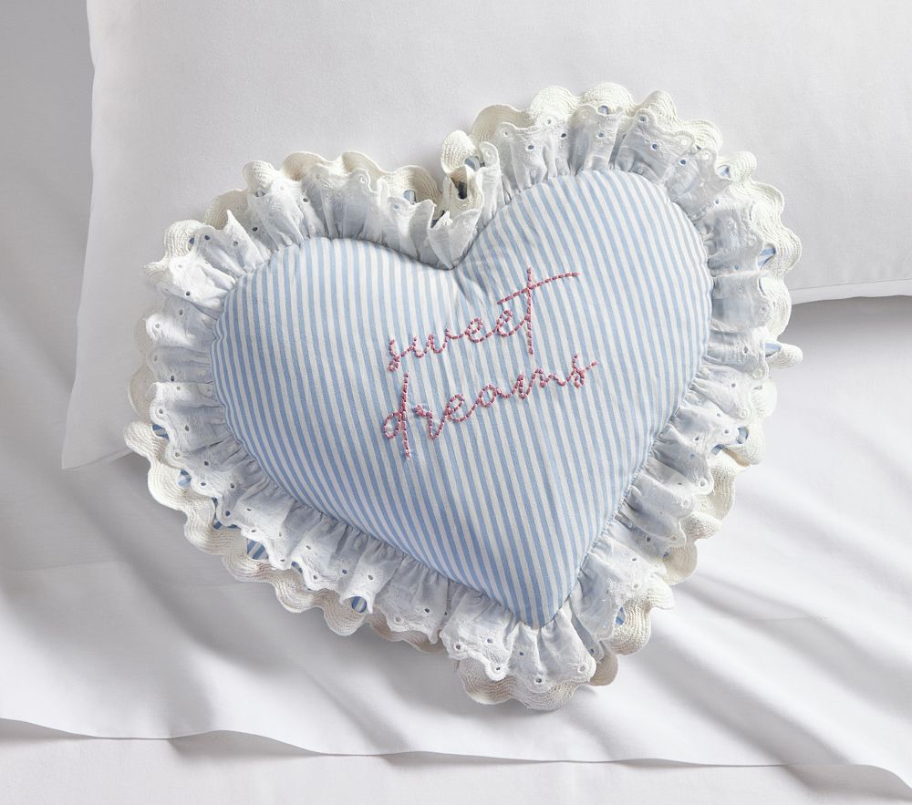 Sweet Dreams Embroidered Heart Pillow - Shaped, Blue
