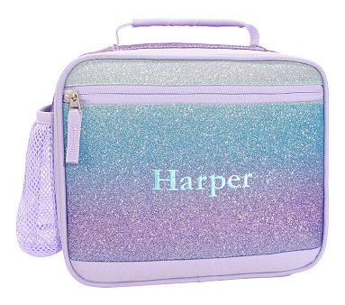 Mackenzie Lavender/Aqua Ombre Sparkle Glitter Cold Pack Lunch Box