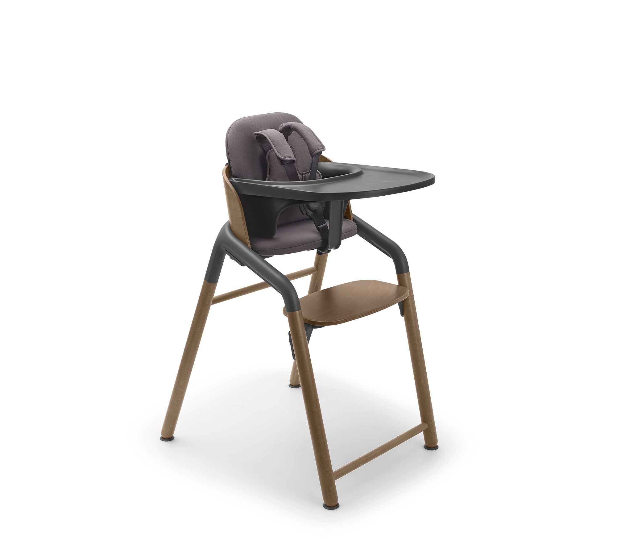 Close up of high chair seating area with harness and tray