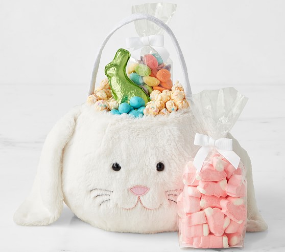 Williams Sonoma & pbk White Long Fur Bunny Easter Filled Gift Bucket