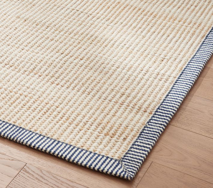 Striped Border Jute Wool Rug, 5x8, Navy, Blue