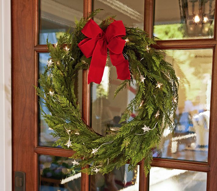 Faux Cedar Outdoor Wreath With Star Lights | Pottery Barn Kids