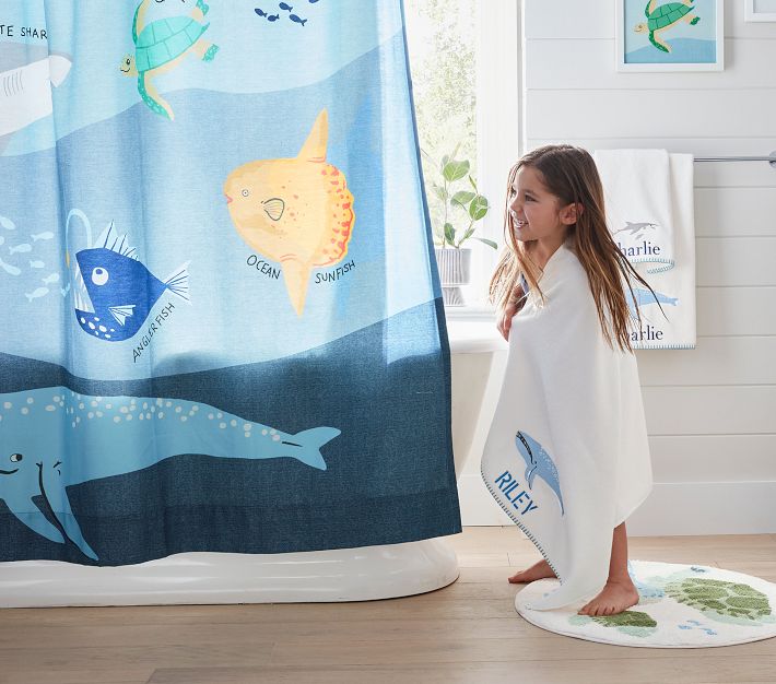 Bacova Beach Mermaid Shower Curtain – Starfish, Shells, Whale & Fish Design, Polyester, White/Green/Blue