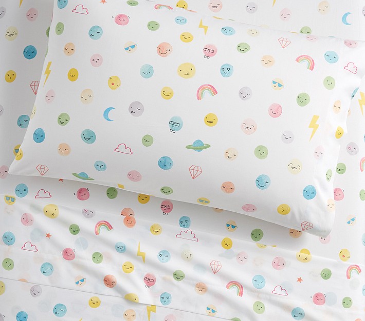 Organic Funny Faces Sheet Set, Queen, White Multi