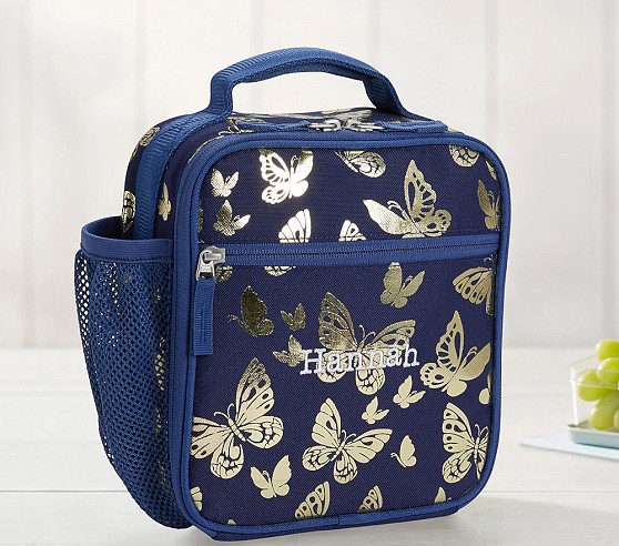 Mackenzie Navy Gold Foil Butterflies Classic Lunch Box