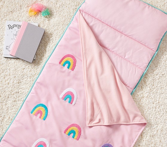 a rain bow slppeing bag for kidsin a Kids Sleeping Bags, Glow in The Dark Slumber Kids, Toddler Nap Mat with Pillow and Blanket for Sleepover, Daycare, Preschool (62" x 28") (Unicorn) : Toys & Games 1 design that allows it to be folded into a pillow Kids Sleeping Bags For Girls