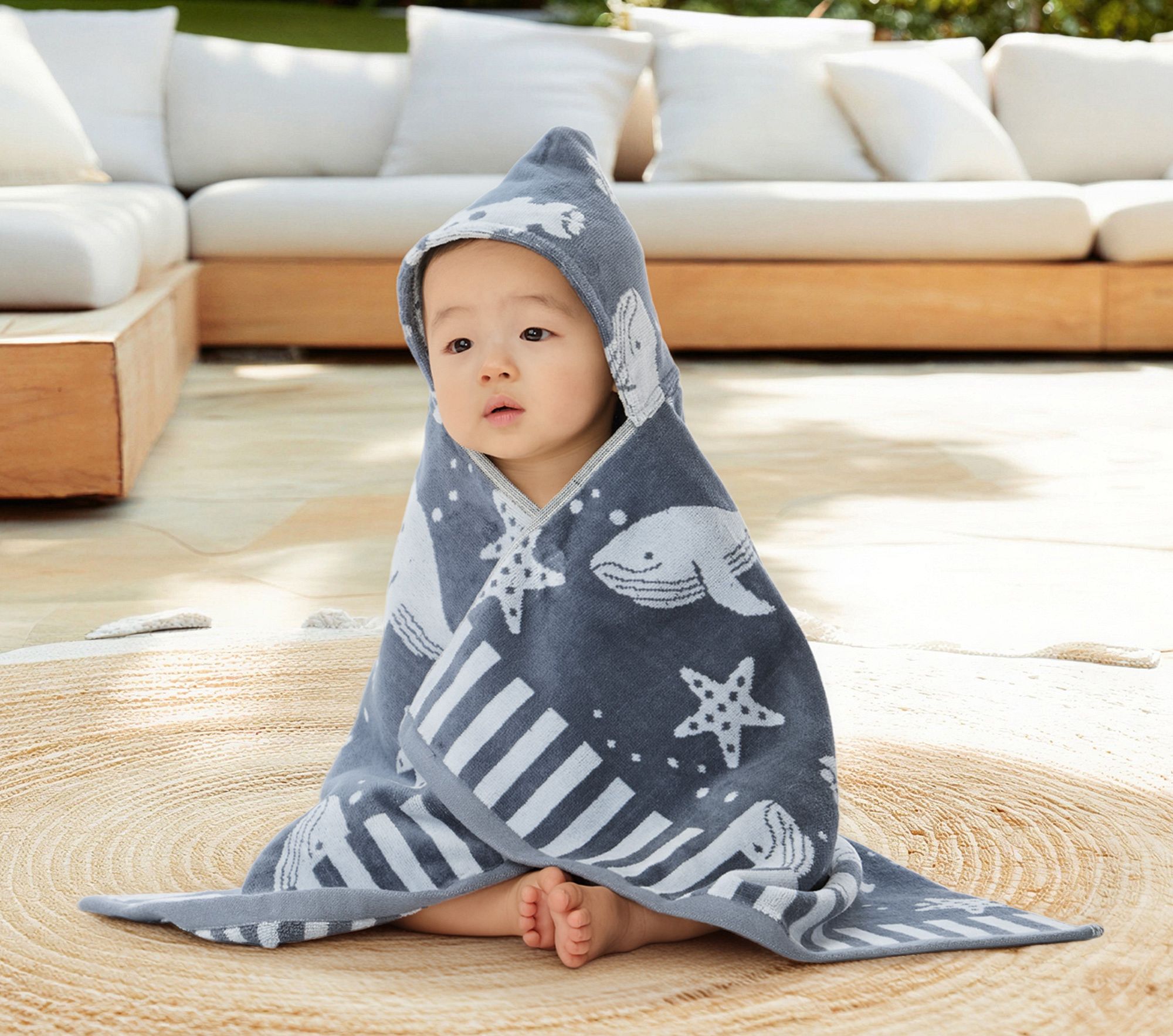 Bubbles Whale Plush Jacquard Baby Beach Hooded Towel UPF 50+