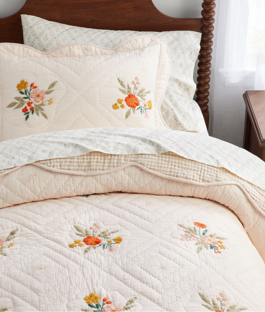 Reversible Floral Embroidered Quilt & Shams