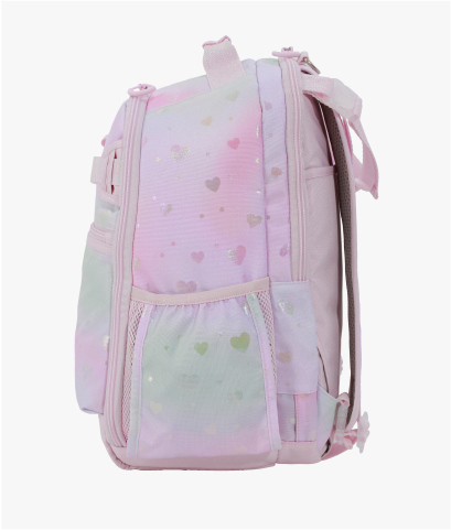 Side-facing image of Mackenzie Adaptive Backpack in Dreamy Foil Hearts print.