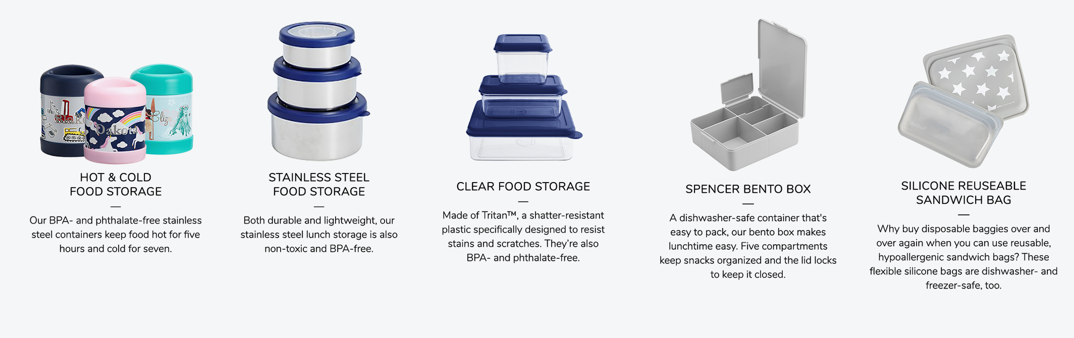 Hot & Cold Food Storage, Stainless Steel Food Storage, Clear Food Storage, Spencer Bento Box, Silicone Reuseable Sandwich Bag