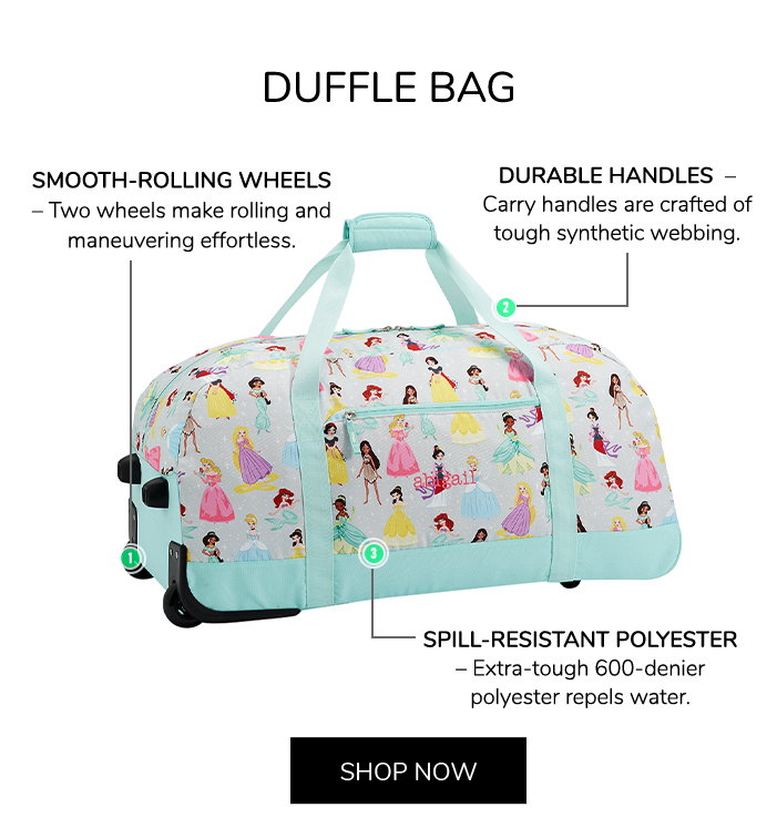 Duffle Bag: Smooth-Rolling Wheels, Durable Handles, Spill-Resistant Polyester. Shop Now.