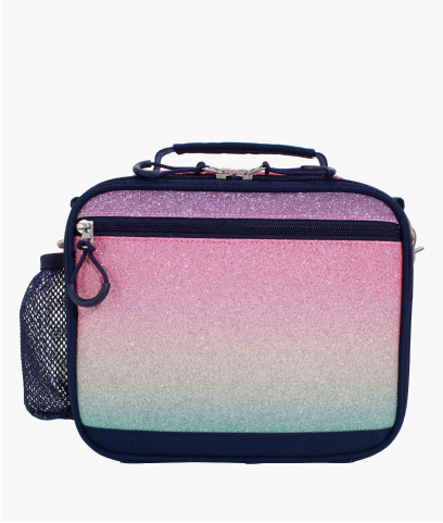 Front-facing image of Mackenzie Adaptive Lunch Box in Ombre Glitter print.