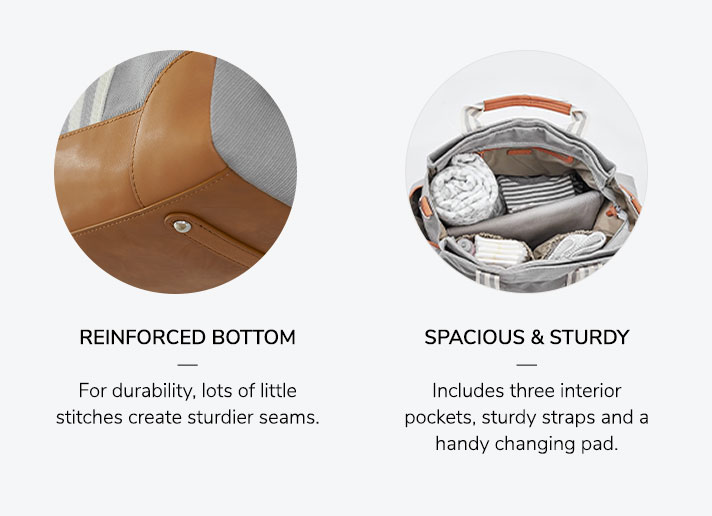 Reinforced Bottom: For durability, lots of little stitches create sturdier seams. Spacious and Study: Includes three interior pockets, sturdy straps and a handy changing pad.
